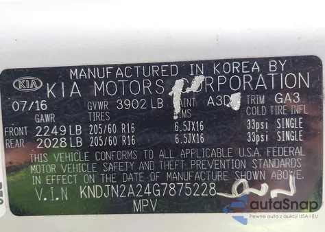 2016 Kia Soul z USA, uszkodzony, nr VIN KNDJN2A24G7875228